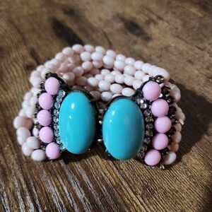 Turquoise & Pink Beaded Rhinestone Stretch Bracelet OS Costume Multi-Strand EUC